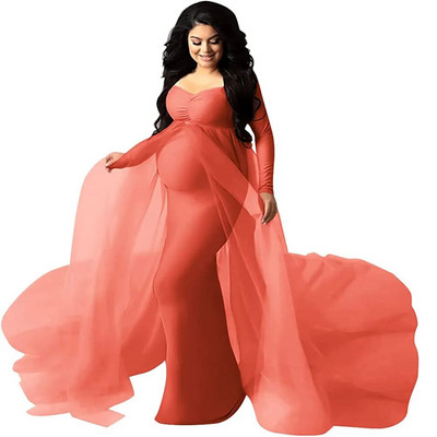 Eleganta grūtnieču kleita, tills kleita fotosesijai grūtniecības laikā ar garām piedurknēm V kakla šifona vilciena Maxi fotografēšanas kleita bērnu duša