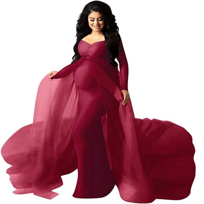 Eleganta grūtnieču kleita, tills kleita fotosesijai grūtniecības laikā ar garām piedurknēm V kakla šifona vilciena Maxi fotografēšanas kleita bērnu duša