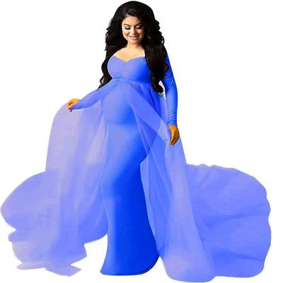 Eleganta grūtnieču kleita, tills kleita fotosesijai grūtniecības laikā ar garām piedurknēm V kakla šifona vilciena Maxi fotografēšanas kleita bērnu duša