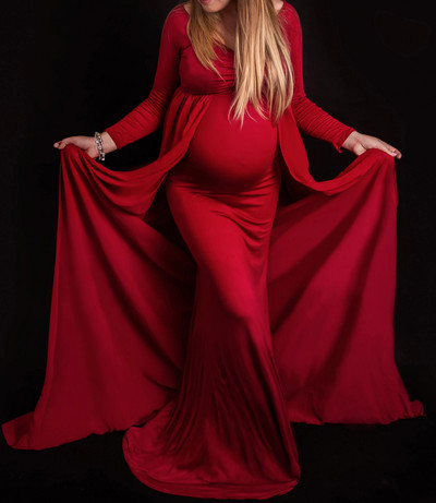 Eleganta grūtnieču kleita, tills kleita fotosesijai grūtniecības laikā ar garām piedurknēm V kakla šifona vilciena Maxi fotografēšanas kleita bērnu duša