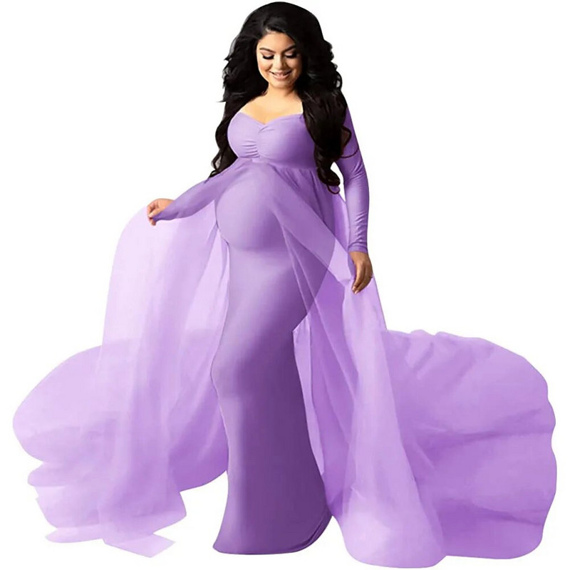 Eleganta grūtnieču kleita, tills kleita fotosesijai grūtniecības laikā ar garām piedurknēm V kakla šifona vilciena Maxi fotografēšanas kleita bērnu duša