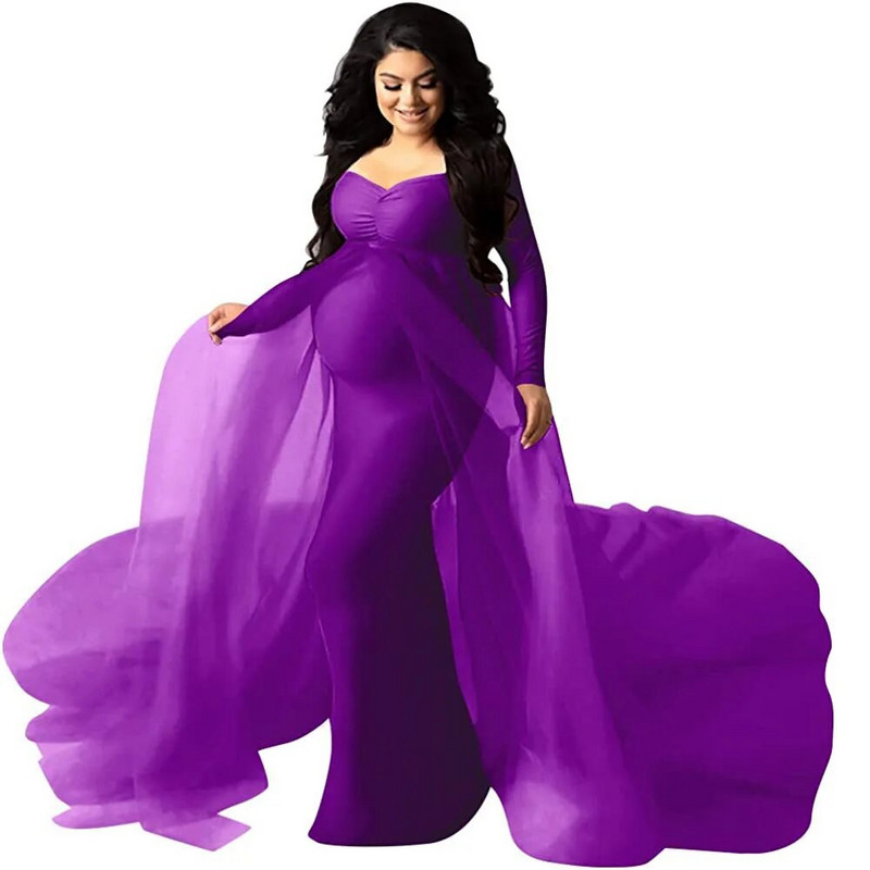 Eleganta grūtnieču kleita, tills kleita fotosesijai grūtniecības laikā ar garām piedurknēm V kakla šifona vilciena Maxi fotografēšanas kleita bērnu duša