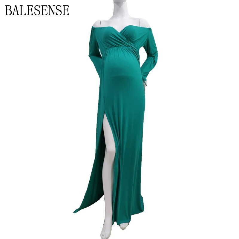 Pikkade varrukatega lõhestatud rasedakleidid fotosessiooniks Elegantne Baby Shower V kaelus Maxi Rasedusfotograafia kleidid Rasedatele