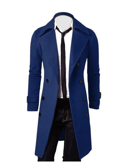 Vyriškas dvieilis vėjui nepralaidus medvilninis paltas, sumaišytas ilgas vilnonis, plonas, vientisos spalvos aukštos kokybės verslo paltas