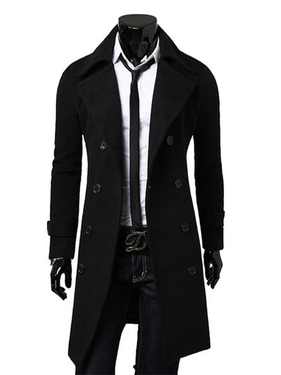 Vyriškas dvieilis vėjui nepralaidus medvilninis paltas, sumaišytas ilgas vilnonis, plonas, vientisos spalvos aukštos kokybės verslo paltas