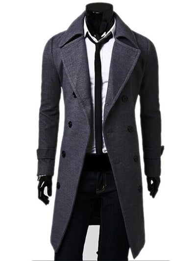 Vyriškas dvieilis vėjui nepralaidus medvilninis paltas, sumaišytas ilgas vilnonis, plonas, vientisos spalvos aukštos kokybės verslo paltas