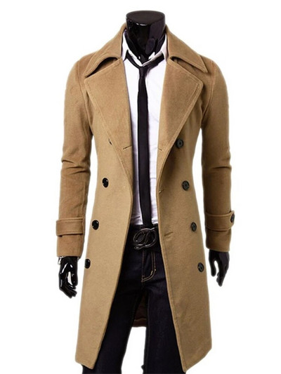 Vyriškas dvieilis vėjui nepralaidus medvilninis paltas, sumaišytas ilgas vilnonis, plonas, vientisos spalvos aukštos kokybės verslo paltas