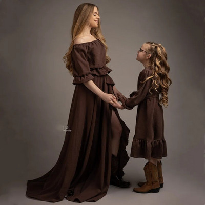 Boho Rust Cotton Nėščiųjų fotosesijos ilga suknelė Bohemian Cotton 2 in 1 Nėščiosios fotografijos suknelė