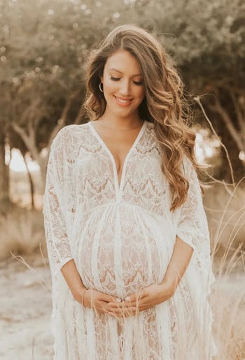 Прозряща дантела Фотосесия за бременни Дълги рокли Boho Бременни дантелени рокли