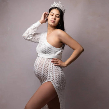 Плетена фотосесия за бременни с отворени рамене Дълги рокли с издълбана дантела Рокля за бременни снимки Разрез отстрани Разтеглива