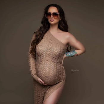 Плетена фотосесия за бременни с отворени рамене Дълги рокли с издълбана дантела Рокля за бременни снимки Разрез отстрани Разтеглива