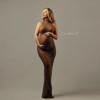 Halter Rhinestone φορέματα φωτογραφίας εγκυμοσύνης Κρυστάλλινα ελαστικά κοκαλιάρικα αμάνικα φωτογράφιση εγκυμοσύνης Μακρύ φόρεμα