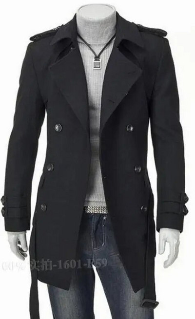 Νέα Ανδρικά Μπουφάν Διπλή Πόρπη Ανδρικά Ρούχα Μακριά Παλτό Ζώνη Διπλό στήθος Καμπαρντίνα Μαύρο Γκρι M-3XL