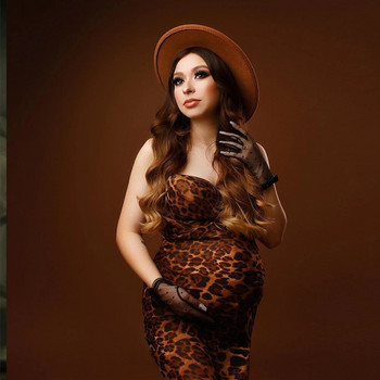 Секси рокли за бременни с леопардов принт за фотосесия Еластична дълга рокля за бременни без гръб и без ръкави