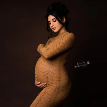Rhinestone Strechy φορέματα φωτογραφίας εγκυμοσύνης Ολόσωμο μανίκι κρύσταλλο φόρεμα φωτογραφίας εγκυμοσύνης