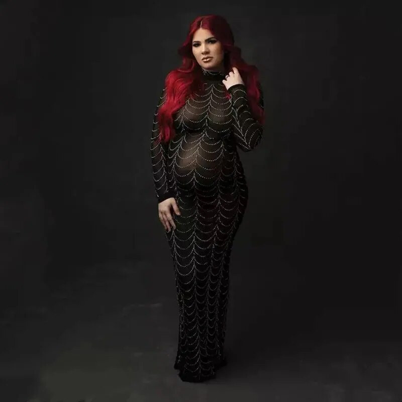 Rhinestone Strechy φορέματα φωτογραφίας εγκυμοσύνης Ολόσωμο μανίκι κρύσταλλο φόρεμα φωτογραφίας εγκυμοσύνης