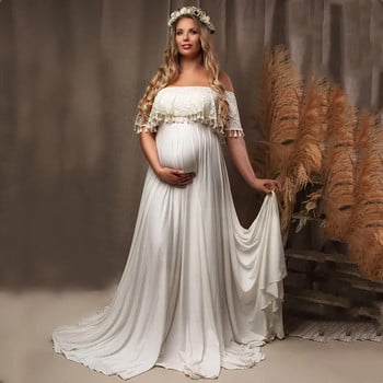 Φορέματα εγκυμοσύνης Boho Φούντες με δαντέλα σε κάθετο λαιμό Φωτογράφηση εγκυμοσύνης Bohemian μακριά φορέματα
