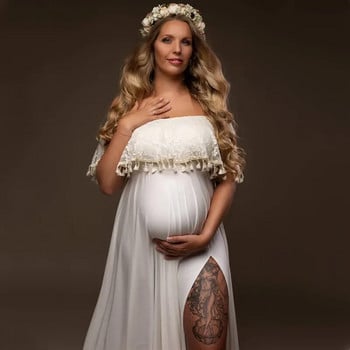 Φορέματα εγκυμοσύνης Boho Φούντες με δαντέλα σε κάθετο λαιμό Φωτογράφηση εγκυμοσύνης Bohemian μακριά φορέματα