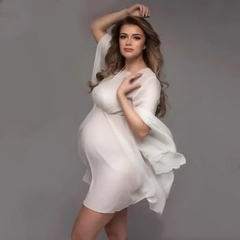 Бяла шифонена фотосесия за бременни къси рокли с разкроени ръкави Прозрачна рокля за бременни снимки