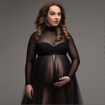 Разтеглива мрежеста рокля за бременни от тюл за снимки с висока яка, прозрачна мрежеста макси рокля за бременни с цял ръкав за фотосесия
