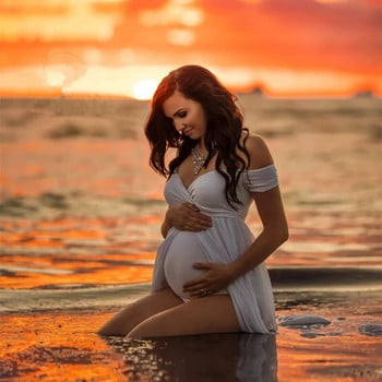 Λευκό σιφόν φόρεμα για φωτογραφία μητρότητας Φόρεμα εγκυμοσύνης Sweet Heart Strety For Photo Shoot