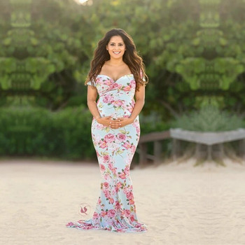 Stretchy Floral Print Μακρύ Φόρεμα Φωτογραφίας εγκυμοσύνης Γοργόνα Body-con Μακρύ φόρεμα φωτογραφίας εγκυμοσύνης