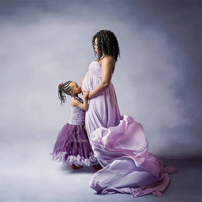 Chiffon Long Train Photography Maternity Props Στολή με σχισμή εμπρός ελαστικό έξω από τους ώμους Φωτογράφηση εγκυμοσύνης Μακρύ φόρεμα