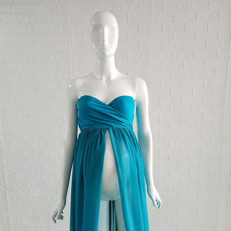 Chiffon Long Train Photography Maternity Props Στολή με σχισμή εμπρός ελαστικό έξω από τους ώμους Φωτογράφηση εγκυμοσύνης Μακρύ φόρεμα