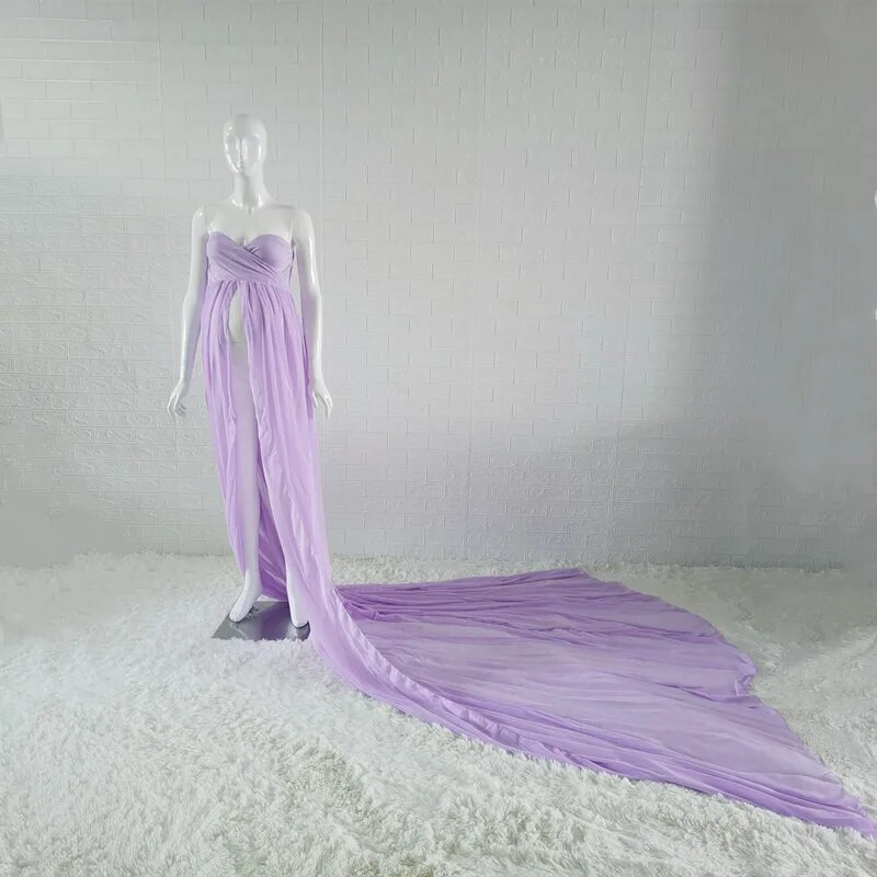 Chiffon Long Train Photography Maternity Props Στολή με σχισμή εμπρός ελαστικό έξω από τους ώμους Φωτογράφηση εγκυμοσύνης Μακρύ φόρεμα