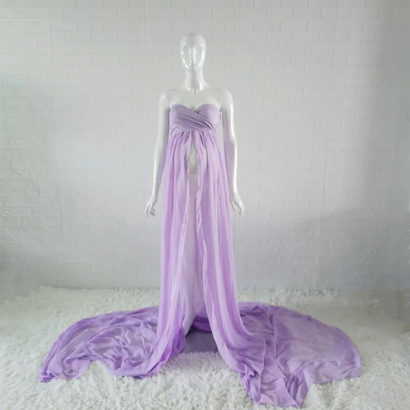 Chiffon Long Train Photography Maternity Props Στολή με σχισμή εμπρός ελαστικό έξω από τους ώμους Φωτογράφηση εγκυμοσύνης Μακρύ φόρεμα