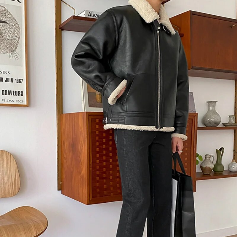 IEFB vīriešu jēra kažokādas viengabala If kažokādas PU ādas jaka raibs rudens ziemas plīša kažokādas tendences rāvējslēdzējs īss mētelis vīriešiem 9Y4777