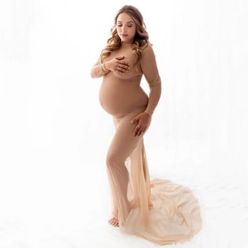 Δείτε μέσα από ελαστικά δικτυωτά φορέματα φωτογραφίας εγκυμοσύνης Ολόσωμο μανίκι με λαιμόκοψη με βάρκα, φωτογραφία λήψης μακρύ φόρεμα