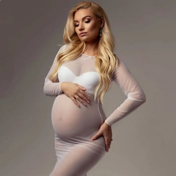 Δείτε μέσα από ελαστικά δικτυωτά φορέματα φωτογραφίας εγκυμοσύνης Ολόσωμο μανίκι με λαιμόκοψη με βάρκα, φωτογραφία λήψης μακρύ φόρεμα