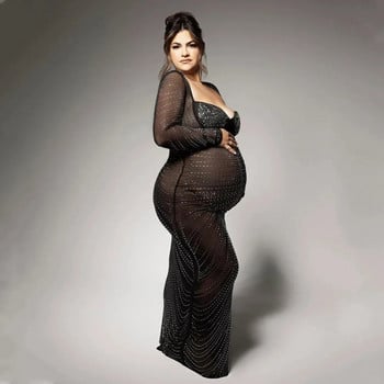 Μακρύ φόρεμα εγκυμοσύνης Shining Hot-fixed Crystals For Photography Bodycon Mesh Photography εγκυμοσύνης Μακρύ φόρεμα