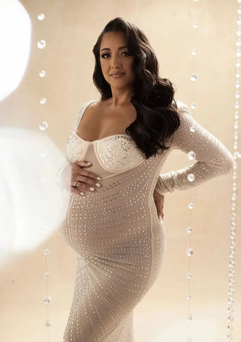 Блестящи горещо фиксирани кристали Дълга рокля за бременни за фотография Bodycon Mesh Дълга рокля за бременни снимки