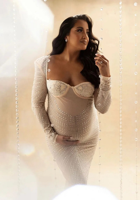 Mirdzoša, karsti fiksēti kristāli, gara kleita grūtniecēm fotografēšanai Bodycon sieta gara kleita grūtniecības fotografēšanai