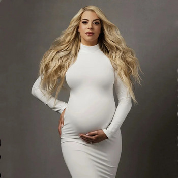 Φόρεμα με ψηλό λαιμό Stretch Baby Shower Μακριά Φόρεμα με ολόσωμο μανίκι Skinny Maternity Photography Prop