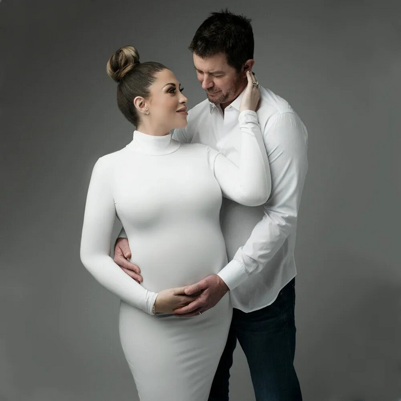 Kõrge kaelusega veniv beebidušš pikad kleidid Täisvarrukatega kõhn rasedate fotograafia rekvisiidi kleit