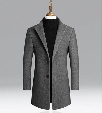 Vienkāršs modes vīriešu vilnas mētelis rudens un ziemas džentlmeņu mētelis, biezināts vīriešu apģērbs vienkrāsains biznesa žakete