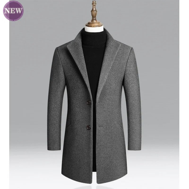 Vienkāršs modes vīriešu vilnas mētelis rudens un ziemas džentlmeņu mētelis, biezināts vīriešu apģērbs vienkrāsains biznesa žakete