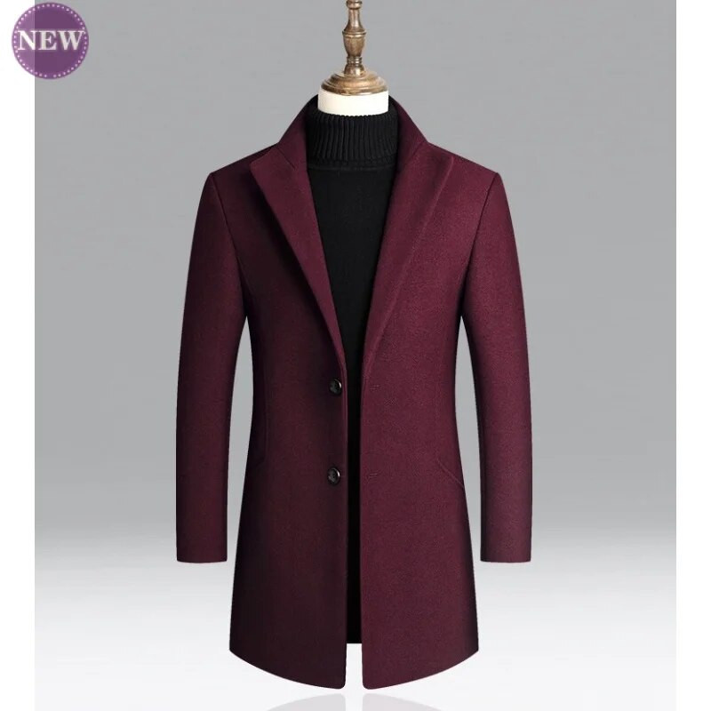 Vienkāršs modes vīriešu vilnas mētelis rudens un ziemas džentlmeņu mētelis, biezināts vīriešu apģērbs vienkrāsains biznesa žakete