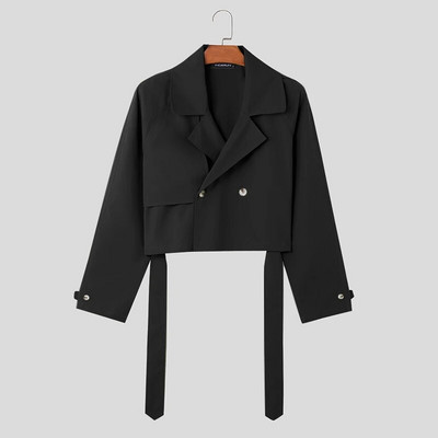 INCERUN 2023 mados vyriškos striukės atvartais ilgomis rankovėmis vienspalviai gatvės drabužiai Vyriški Crop paltai laisvi laisvalaikio švarkai su diržu S-5XL