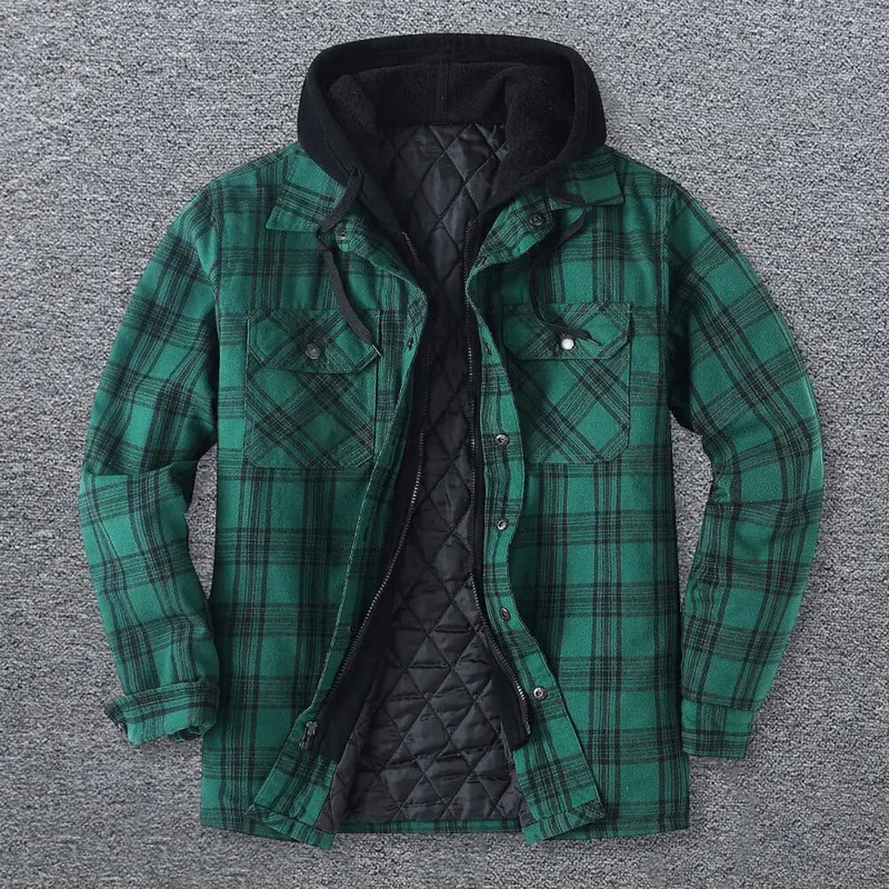 Ανδρικό χειμωνιάτικο μπουφάν καρό στάμπα με κουκούλα με φερμουάρ Κλείσιμο Χαλαρό παχύρρευστο ψεύτικο ανδρικό παλτό μεσαίου μήκους δύο τεμαχίων