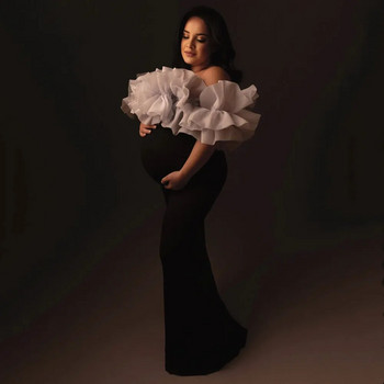 Дълга рокля за фотосесия за бременни от тюл без рамене Еластична рокля за бебешко парти Рокля за бременни русалка Тесни дълга рокля