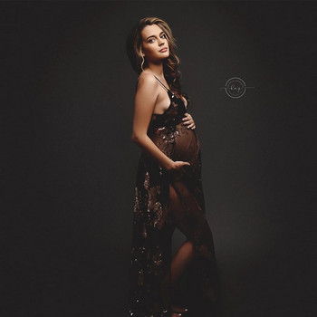 Σπαγγέτι λουράκι πούλιες για μητρότητα στολή φωτογραφίας εγκυμοσύνης See Through Έγκυος Φωτογράφιση Μητρότητας Παγιέτες μακριά φορέματα