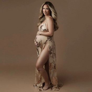 Спагети презрамки Пайети Облекло за фотография за бременни Прозрачни Дълги рокли за бременни за фотосесия с пайети