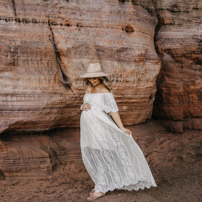 Kismama alkalmi csipke ruha váll nélküli Boho terhes nő hosszú ruha fotózáshoz Baba zuhany ruha