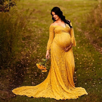 Φόρεμα εγκυμοσύνης με μακριά ουρά με δαντέλα για φωτογράφιση Baby shower φόρεμα έγκυος ρόμπα Grossesse Shooting Φωτογραφία