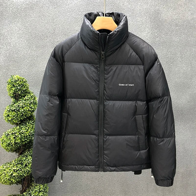 Ziemas jauna vīriešu lielizmēra silta balta dūnu jaka Streetwear modes stenda apkakle gaiša balta pīļu dūnu jaka vīriešu oranža melna