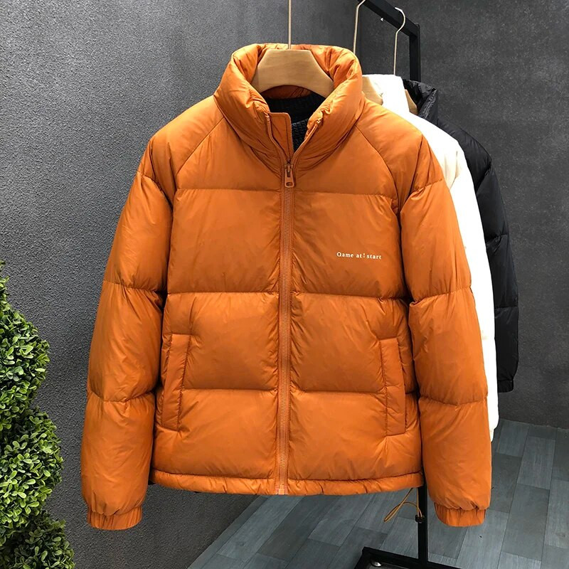 Žiemos nauja vyriška negabaritinė šilta balta pūkinė striukė Streetwear madinga apykaklė Šviesi balta ančių pūkinė striukė vyriška oranžinė juoda